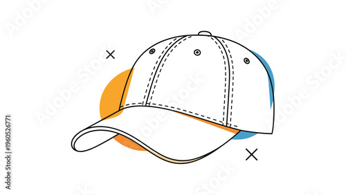 Classic white baseball cap is displayed with abstract orange and blue shapes in the background for sports and fashion apparel concepts.