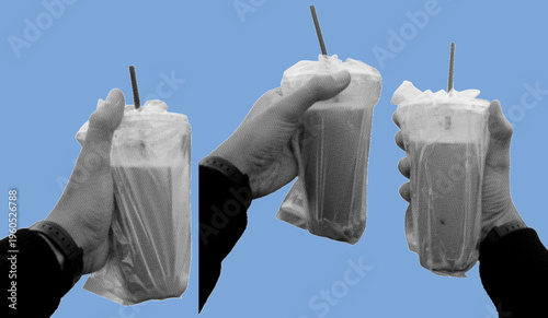 close up of hand holding iced coffee latte with straw in plastic cup pixelate grayscale color halftone dotted texture style collage element isolated on blue background