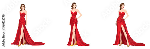 Set of three fashion illustrations of women in elegant red evening gowns