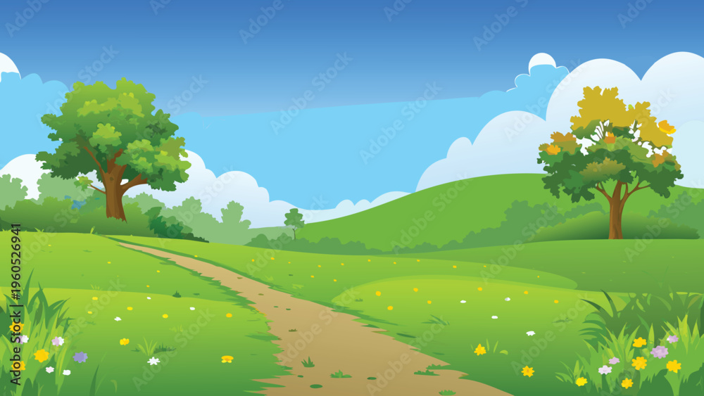 Fototapeta premium A sunny landscape with green hills trees and a winding path