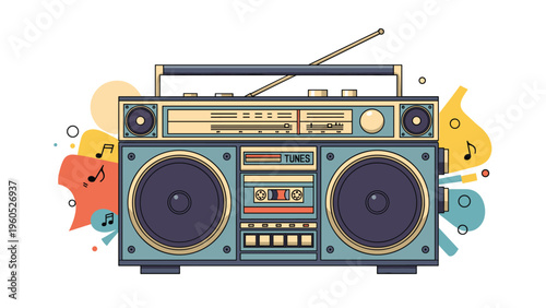 Retro boombox radio is surrounded by colorful abstract shapes and musical notes for an 1980s inspired music and party atmosphere.