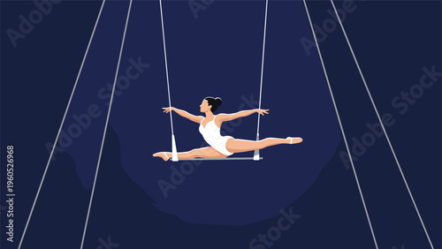 Graceful trapeze artist performs a challenging split in mid-air during a circus performance under spotlight on a dark blue background.