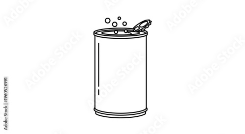 Minimalist outline illustration of an opened beverage can with effervescent bubbles rising from