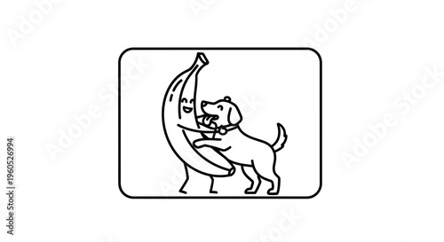 Delightful line art illustration of a cheerful dog embracing a smiling anthropomorphic banana