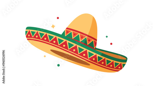 Traditional Mexican sombrero hat features colorful patterns and is surrounded by falling confetti for festive celebration themes.
