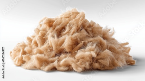 Soft, fluffy pile of pale beige fibers rests on a clean white surface