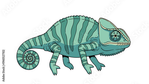 Detailed illustration of a striped green chameleon lizard standing calmly on a white background showing its scales.