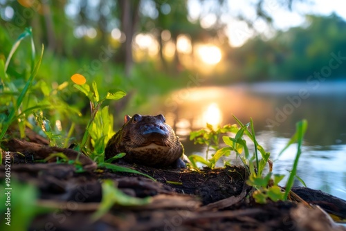 Wallpaper Mural Platypus Resting Along Riverbank Under Soft Morning Fog with Gentle Reflection of Light Torontodigital.ca