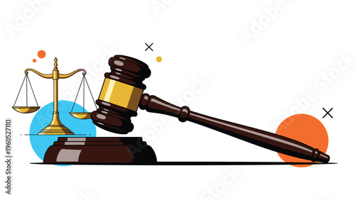 Legal system symbols featuring a wooden judge gavel and golden scales of justice for law and order concept art.