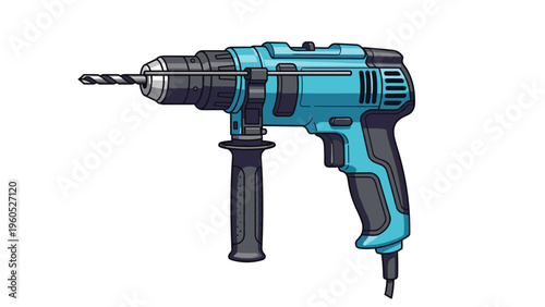 Modern blue electric power drill tool used for construction and home improvement projects on a white background.