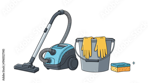 Professional cleaning equipment set including a blue vacuum cleaner, bucket, yellow gloves, and scrubbing sponge.