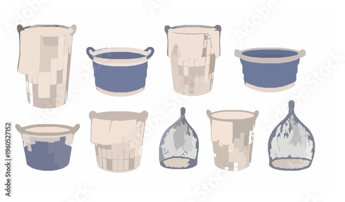 Laundry basket and hamper vector set washing storage containers isolated on white background
