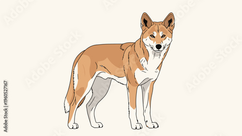 Wild Australian dingo animal standing in a profile view with a light sandy colored coat on a plain background.