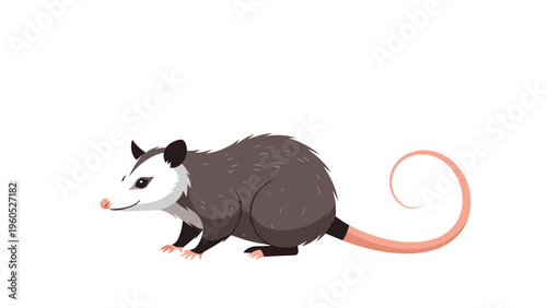 Small gray and white opossum marsupial standing with its long pink tail curled in a simple animal illustration.