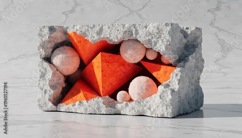 abstract composition broken concrete block with orange shapes