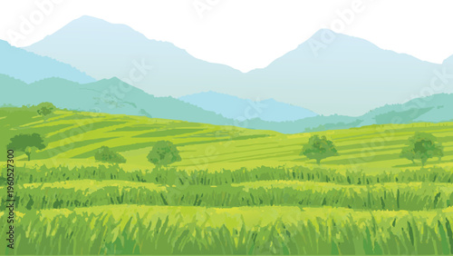 Rolling green hills and distant mountains in a peaceful landscape
