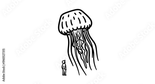 Colossal deep-sea marvel dwarfing human observer in stark minimalist illustration