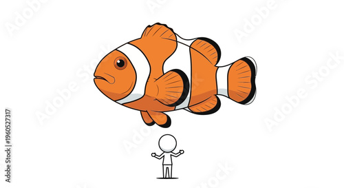 Enormous cartoon clownfish hovers playfully over an astonished small stick figure illustration