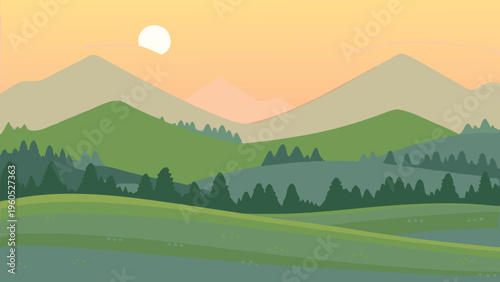 Stylized landscape illustration with mountains trees and a rising sun
