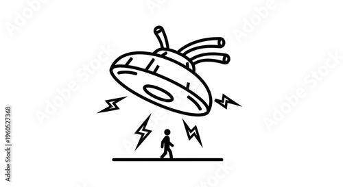 Minimalist outline depiction of an extraterrestrial craft with a human figure below it,