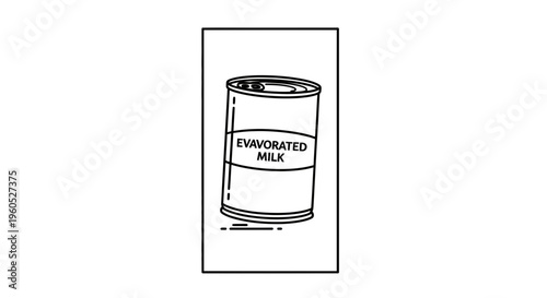 Minimalist black and white line art illustration of a single can of evaporated milk, an essential