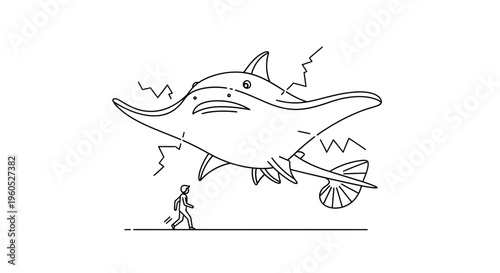 Dynamic minimalist line art portraying a small human figure standing before a colossal,