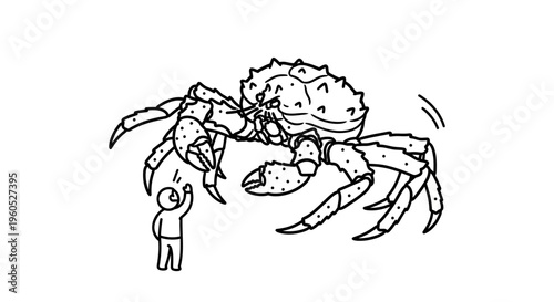 A minuscule human observes a colossal crustacean in a striking black and white line art illustration