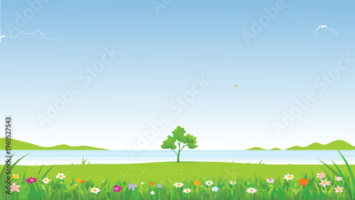 Serene landscape featuring a tranquil lake and blossoming meadow