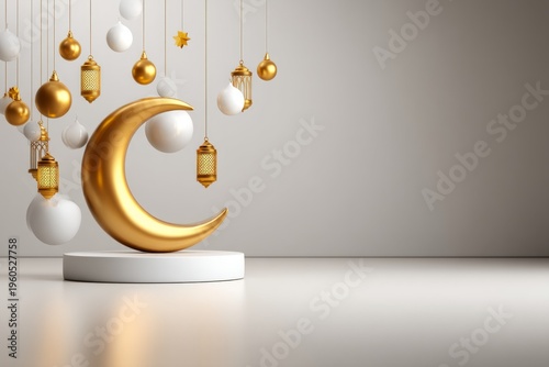 Wallpaper Mural Elegant Golden Crescent Moon Stage Decor for Eid al-Adha Celebration with Glossy Finishes Torontodigital.ca