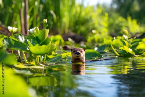 Wallpaper Mural Otter Swimming in Freshwater Marsh Surrounded by Water Lilies at Midday in Quiet Setting Torontodigital.ca