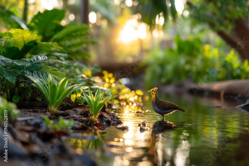 Wallpaper Mural Rare Iridescent Bird Standing Gracefully in Shallow Rainforest Water at Sunset Torontodigital.ca