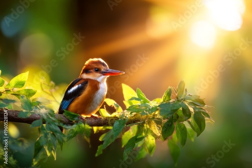 Wallpaper Mural Rare Colorful Kingfisher Perched Quietly During Sunrise with Soft Light and Green Foliage Torontodigital.ca
