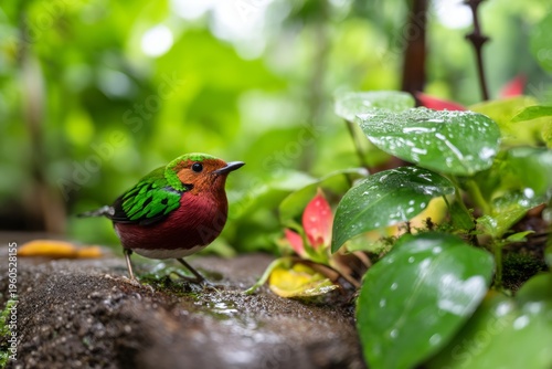 Wallpaper Mural Rare Tropical Bird Standing on Damp Jungle Rock After Rainfall in Lush Green Environment Torontodigital.ca