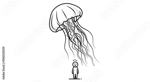 A tiny stick figure person looks up in surprise at a giant floating jellyfish