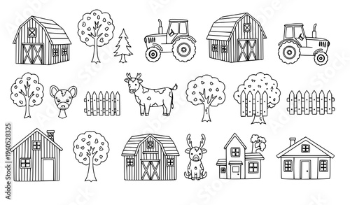 Country doodle element set with farm houses animals and rural objects isolated on white background vector illustration