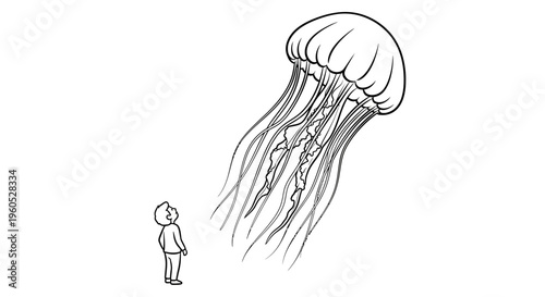 A tiny person gazes in wonder at an enormous, ethereal jellyfish in this captivating line art