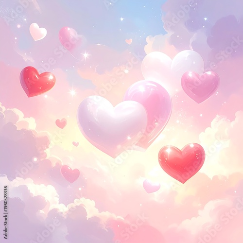 A whimsical pastel sky with floating hearts and clouds