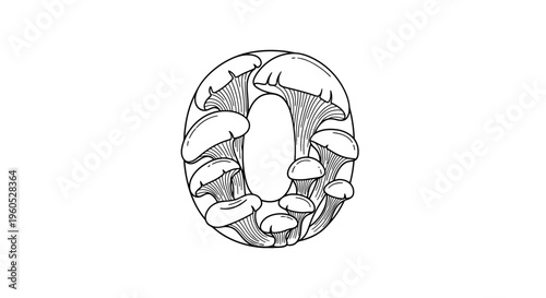 Detailed monochrome illustration of organic mushrooms forming a numeral zero design element