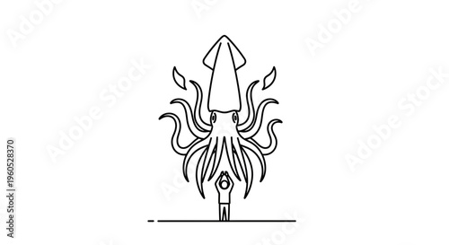 Striking minimalist line art showing a person standing before a colossal squid silhouette