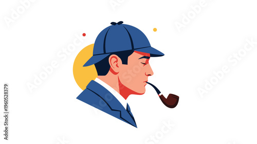 Profile portrait of a classic detective wearing a deerstalker cap and smoking a pipe against a bright yellow circular background element.
