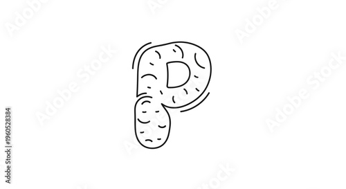 Playful Hand-Drawn Outline Letter P Icon with Organic Textured Details and Radiating Lines