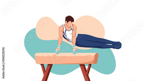 Athletic male gymnast performing a difficult strength move on a pommel horse during a professional sports competition in an indoor arena.
