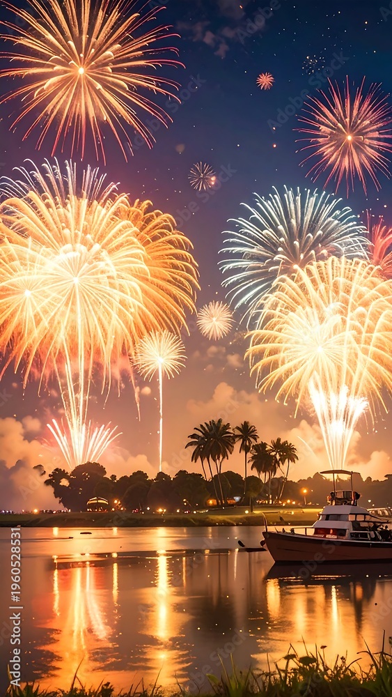 Fototapeta premium Vibrant fireworks exploding over serene lake at dusk (6)