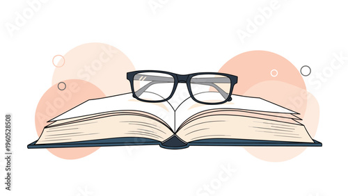 Pair of black framed eyeglasses resting on an open book with abstract orange circles in the soft background.