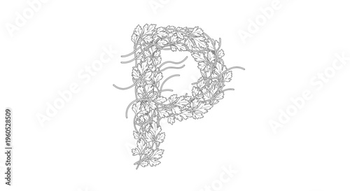 Artistic monochrome rendering of the letter P crafted entirely from delicate organic leaves and