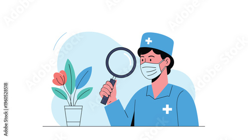 Medical professional in blue scrubs using a magnifying glass to inspect a potted plant for scientific research.