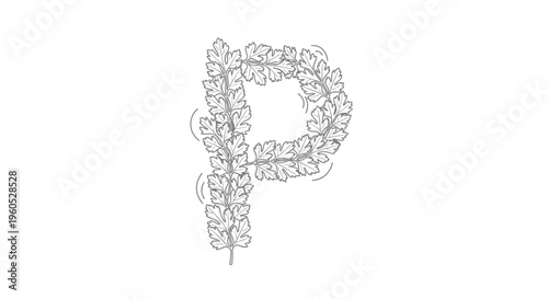 Stylized botanical lowercase P illustration crafted from intricate leaf outlines on a clean