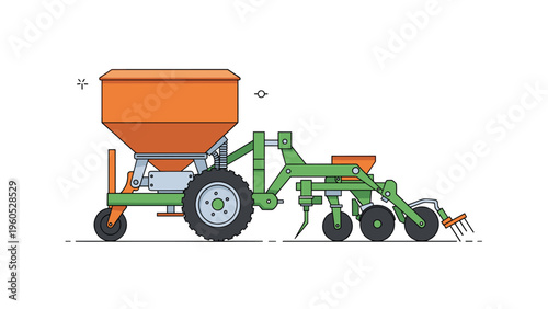 Heavy duty agricultural seed drill machine used for planting crops in a field with large tires and orange hopper.