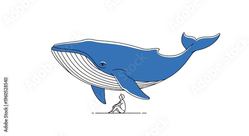 A solitary figure gazes up at a colossal blue whale in a moment of vast contemplation and nature's