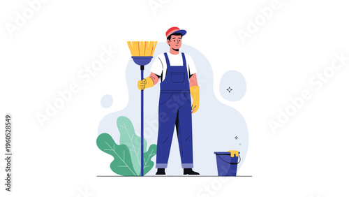 Friendly male janitor wearing blue overalls and a red hat holding a broom next to a bucket with a cleaning rag.